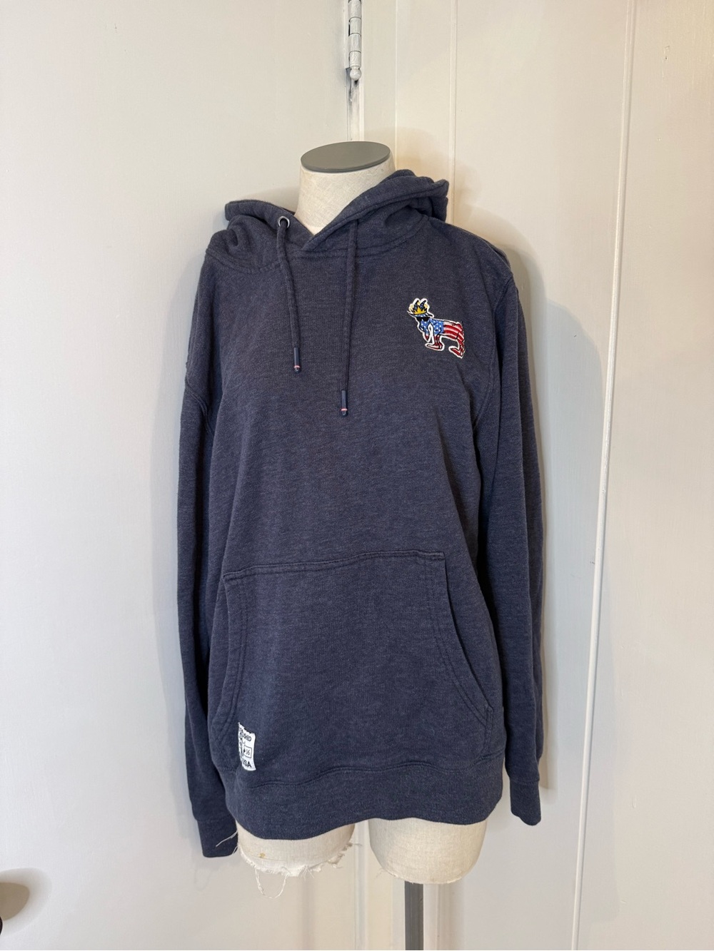 Men's Navy Hooded Sweatshirt with American Flag Dog Sz M